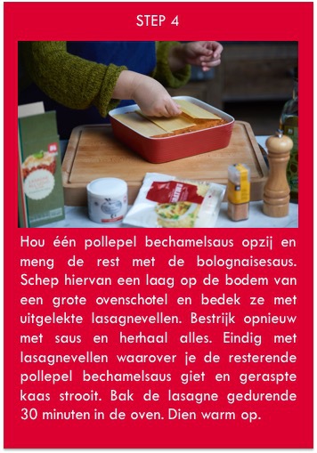 stap 4 hou een pollepel bechamelsaus opzij en meng de rest met de bolognaisesaus